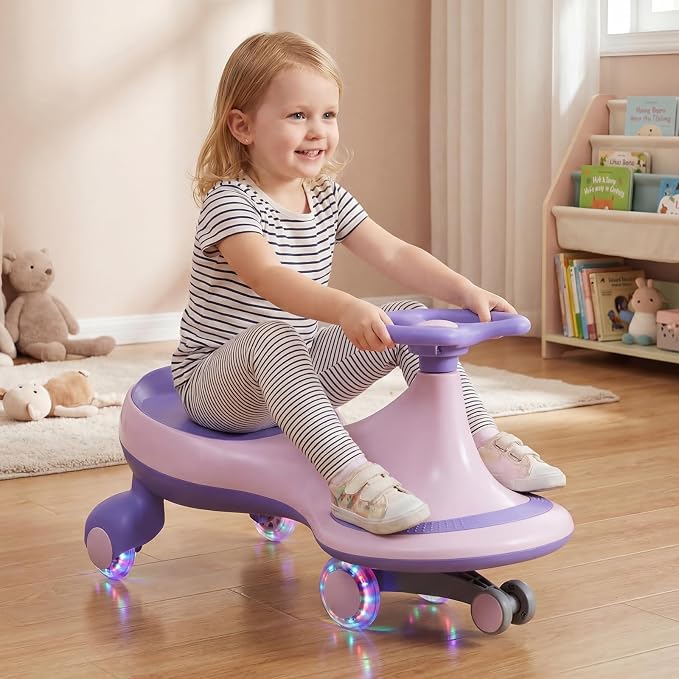 BABY JOY Wiggle Car for Kids, Swing Car with LED Flashing Wheels, No Batteries, Gears or Pedals, Uses Twist, Turn, Wiggle Movement to Steer, Ride-on Toy for Boys Girls 3 Year Old and Up (Purple)