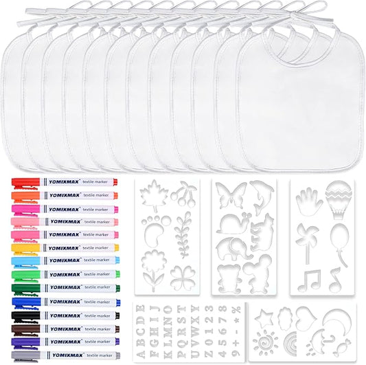 GOLDGE Dazzle at Baby Showers with a 44-piece DIY Bib Decorating Kit. 24 Bibs, 6 Stencils, 14 Markers. Perfect Gender Reveal Party Gift!, Medium, White
