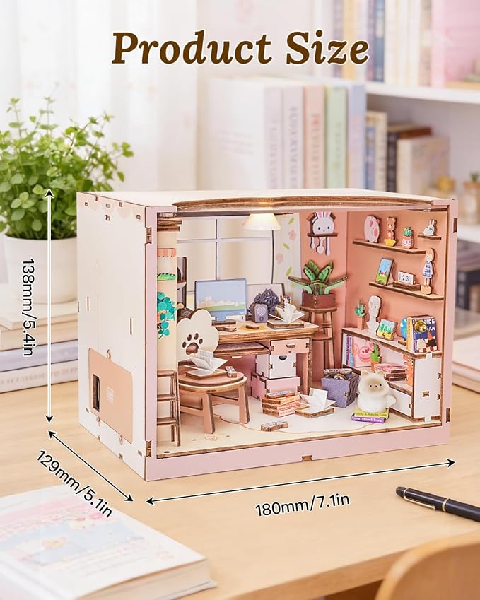 DIY Miniature House Kit-Study Room, 3D Wooden Puzzles with LED Light Tiny House Mini House Building Kit for Adults, Wooden Adults Crafts Birthday for Parents Friends
