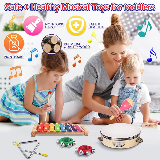 Kids Musical Instruments, INLAIER Toddler Wooden Percussion Instruments Tambourine Xylophone Toys for Kids Children, Preschool Education Early Learning Musical Toy for Boys and Girls with Storage Bag