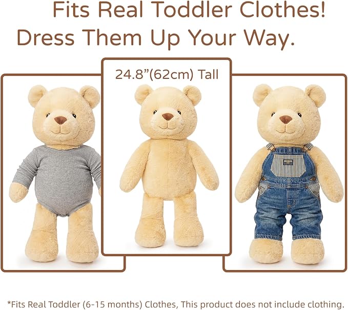 WEIGEDU Dressable Stuffed Animal Fits 3-6M Toddler Clothes, 24.8" Large Plush Toy with Long Limbs for Pretend Play, Soft Huggable Companion - Bear