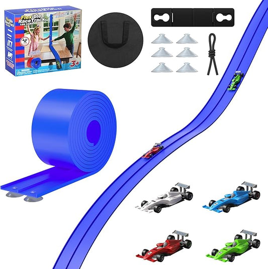 16FT Flexible Race Track with 4 Cars - DIY Car Ramp Track for Jumps, Loops, Ramps - Portable Roll-Up Dual Racetrack for Indoor Outdoor Play, Ages 3+ (Blue)