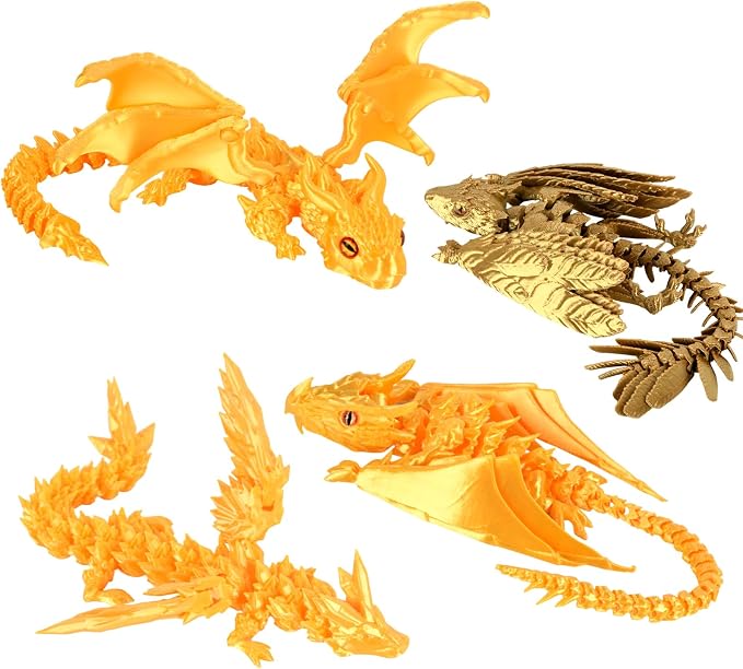 4PCS 12 Inch 3D Printed Dragons, Feathered Wyvern Figure with Wings, Dragon Desk Decor, Collectible Toy for Dragon Lovers(Glod-C)