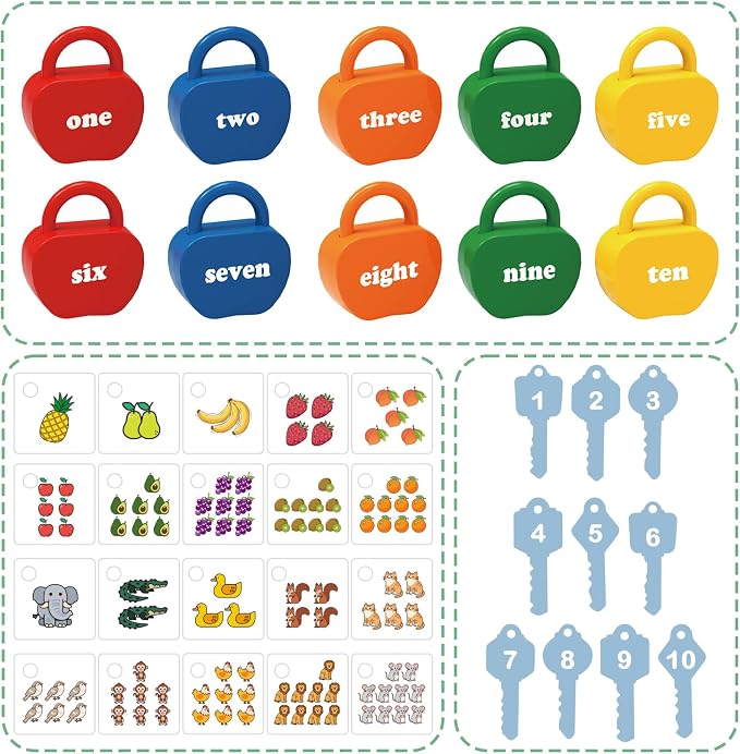 Montessori Lock and Key Toddler Toys, Cause and Effect Sensory Learning Toys for 1 2 3 Year Old, Number Counting & Matching Game, Fine Motor Skills Preschool Travel Activities