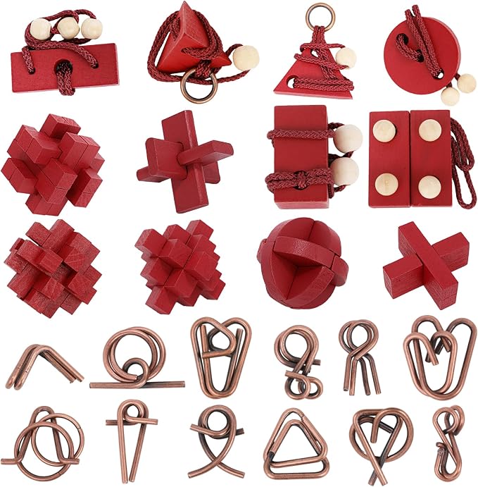 24 Pcs Brain Teaser Puzzles for Adults - Metal & Wooden 3D IQ Test Logic Game, Unlock Interlocking Brain Puzzle Toys for Teens Kids, Smart Educational Desk Toy for Mind Challenges