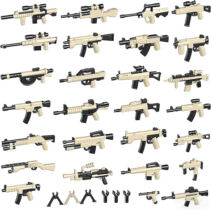 Military Weapons Pack, Military Toy Gun Set for Classic Building Blocks, 33 Pieces WW2 Army Accessory Combination, Compatible with Major Brands, Yellowish-Black