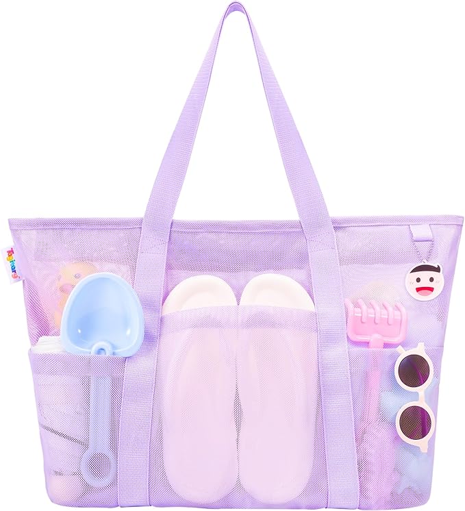 Tagitary Beach Toys for Kids and Mesh Beach Bag with Zipper, Large Beach Tote with 8 Pockets, Sand Toys Storage Pool Bag Beach Accessories for Sports Camping Picnic Travel
