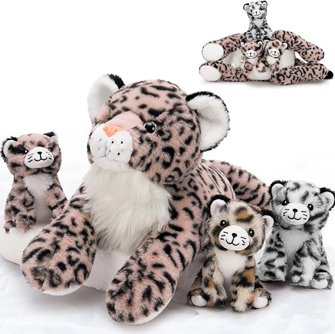 MorisMos Pink Cheetah Stuffed Animal with Babies,18" Large Mommy Leopard with Cub Plushies,Mama & Baby Leopard Stuffed Animals Set,Realistic Cheetah Toys Gift for Girl Kid Birthday Jungle Party Decor