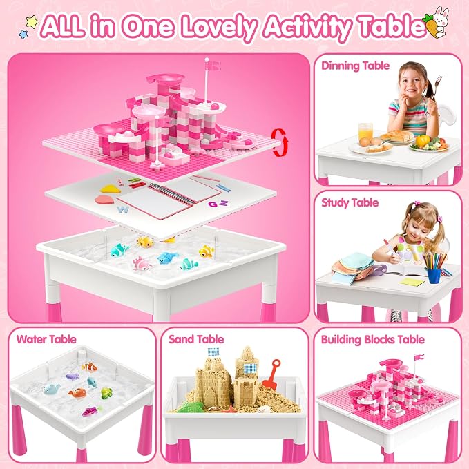 OCATO Kids Toddler Table and Chair Set: Water Table Activity Tables with 152Pcs Large Marble Run Building Blocks 2 Rabbit Chairs Storage All in One Play Sensory Sand Tables 3-6 Year Old Girl Toy Gift