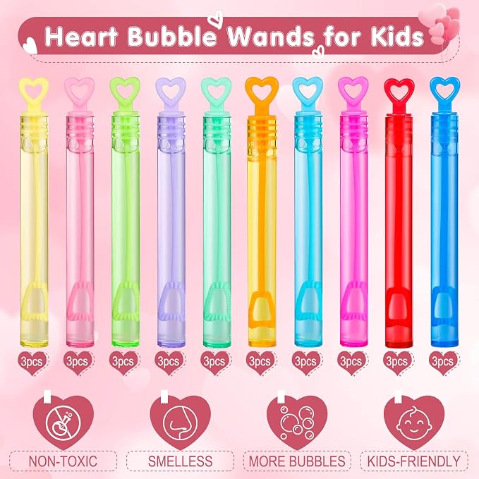 Valentines Party Favors Mini Bubble Wands 30PCS Valentines Day Gifts for Kids Valentine Heart Bubbles Bulk Goodie Bag Stuffers for Wedding Student Classroom Exchange Prizes Outdoor Toys for Girls Boys