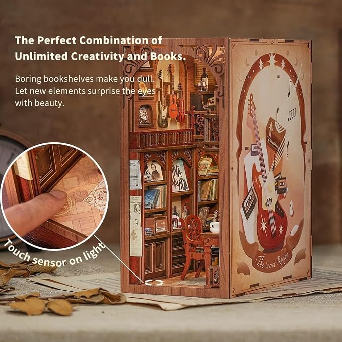 Cutefun Book Nook Kit,3D Wooden Puzzle Bookends,Miniature house kit with dust cover,Bookends Kit with LED Lights,DIY Dollhouse Bookend Tiny House for Adults,Birthday Easter Home Decor for Teens Adults