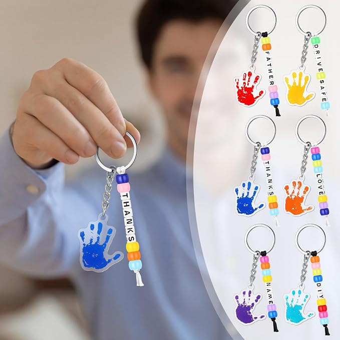 Suncalla 996 Pcs 24 Set Father's Day Keychain Making Kit DIY Bead Keychain Crafts Father's Day Adjustable Letter Beads Handprint Keyrings Cards Strings Gift Kit Accessories Party Favors for Dad