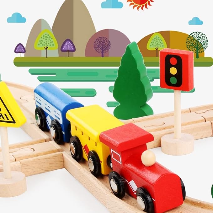 Wooden Train Tracks Toys for Toddler, 33 Pieces Magnetic Train with Wooden Tracks Fits for Thomas, Brio, Chuggington, Melissa and Doug, Rail Set Toy Gifts for 3 4 5 Years Old Girls & Boys
