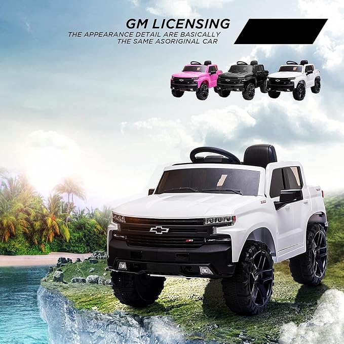 12V Ride on Car with R/C, Battery Powered Licensed Chevrolet Silverado GMC Kids Ride On Truck, Toddler Electric Vehicles Toys, MP3 Music,FM Radio,Bluetooth, Spring Suspension, LED Light (White one)