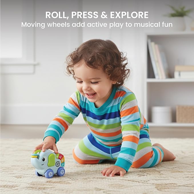 Lulyloo Elephant Rolling Music Piano interactive toddler toy with colorful tune keys, spinning beads, smooth wheels, fun melodies and volume control, lightweight for crawling, sitting and cruising fun