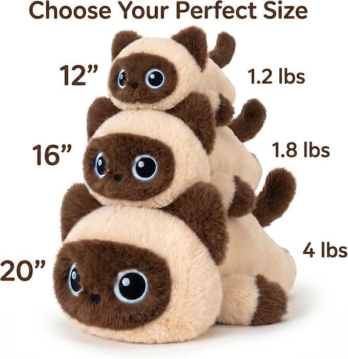 Weighted Cat Stuffed Animal, 16-Inch, 1.8 lbs Siamese Cat Plush, Cuddly Soft Plushie Pillow Gift for Kids & Adults
