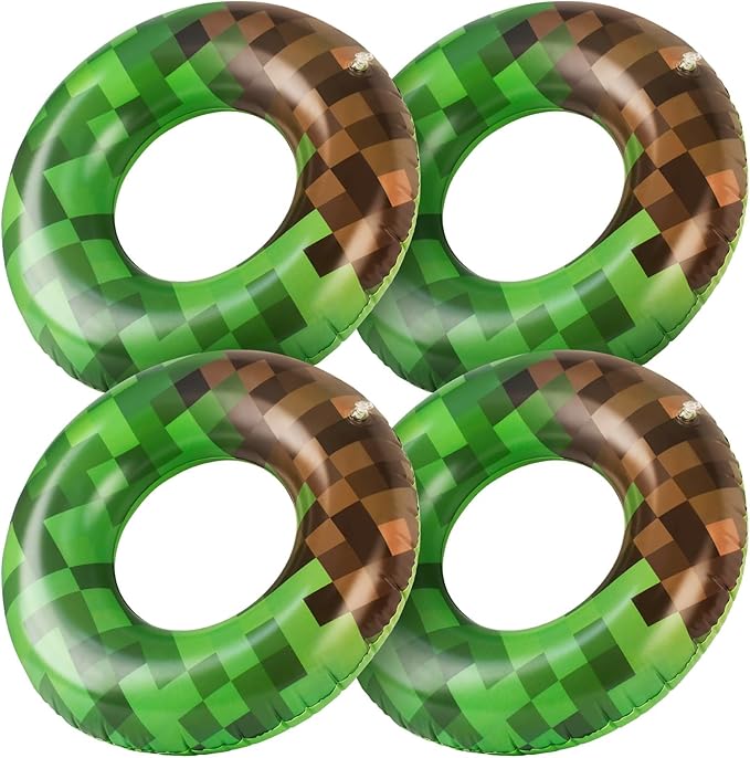 4 Pcs Pixel Party Pool Floats, 24 Inch Green Pixel Art Swim Rings for Kids Ages 5-8 Pool Tube, Inflatable Pool Toys for Hawaiian, Beach, Water Park Fun