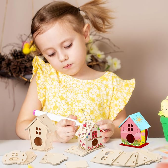 Sawysine 107 Pcs DIY Birdhouse Kits for Kids Ages 5-8 8-12, 48 Wooden Bird House Kits in 6 Shapes and 57 Butterfly Sticker for Children Spring Craft Activity Art DIY Project(Lovely Style)