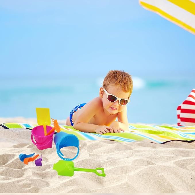 The Dreidel Company Mini Beach Playsets 24-Pack, Play Set Includes 1 Sand Bucket, 1 Shovel, 1 Rake, and 1 Scoop, Birthday Treats for Boys and Girls, Party Favors for Kids and Toddlers