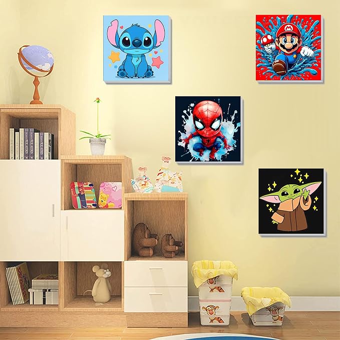 KOJEFCV 4 Pack Cartoon Paint by Numbers for Kids with Framed Canvas-with Wooden Easel, Paint by Number for Kids Ages 4-8-12, DIY Easy Acrylic Oil Painting Kits for Home Wall Decor (8X8inch)