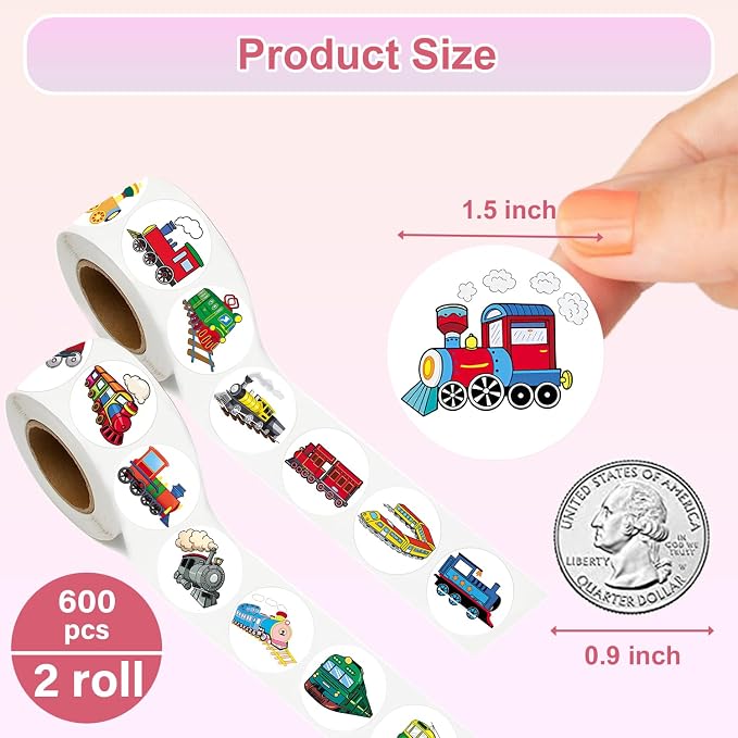 UVUXO 600 Pcs Train Stickers for Kids- 1.5 Inch Round Stickers Roll 16 Tyles Cute Train Kindergarten Stickers Teacher Sticker for Kids Birthday Party School Reward Giveaways