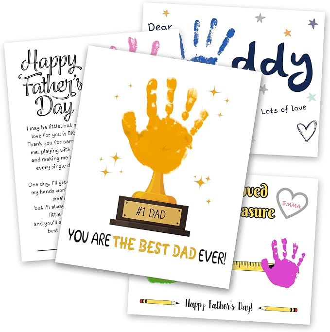 Happy Fathers Day Handprint Kit, Pack 4 DIY Handprint Craft, Personalized Gift for Dad from Kids, Toddler & Preschool Art Activity, Cute Handmade Memory Gifts for Father’s Day