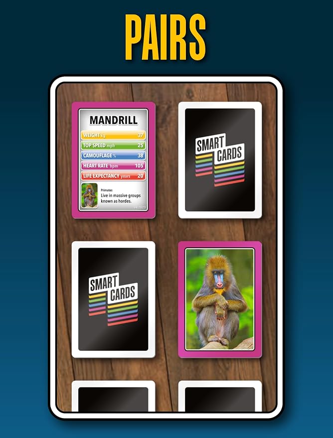 SMART Cards Animals, Gift, Stocking Stuffer, Travel Card Game, 100 Cards of Animals, 7 Games in 1, Pairs, Snap, Trumps, Rummy, Quiz, Facinating Facts, Age 5+, 1-8 Players