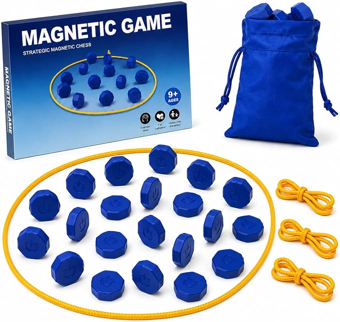 Magnetic Chess Game with 24 Full-Size Stones, Magnet Game with 3 String & Portable Storage Bag, Strategy Board Game for Family Game Night, Indoor Outdoor Use for Kids Adults