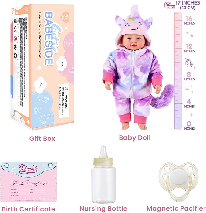 BABESIDE Baby Doll Girl - 17-Inch Soft Body Realistic Baby Doll with Blue Eyes and Unicorn Outfit Lightweight Real Life Baby Dolls for 3+ 4 5 6 7 8 9 Years Girl Birthday Gifts, Pretend Play, Christmas