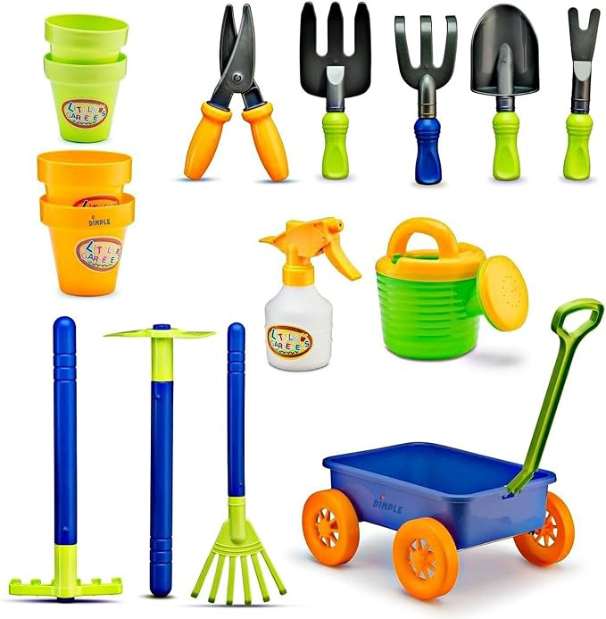 Dimple Garden Wagon & Tools Toy Set, Kids Gardening Set - 15 Pcs Outdoor Toys for Toddlers,Sand Toys - Sturdy & Durable Top Yd, Beach, Sand, Garden Play Set for Kids & Toddler Gardening Tools, Age 3+