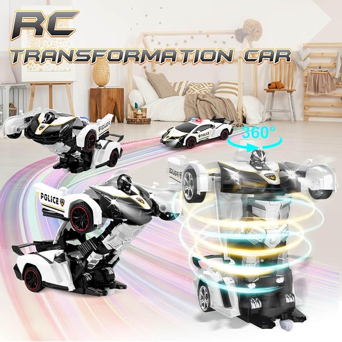 Remote Control Car Transformer Toys for Boy 4-6 Years Old: One-Button Transforming Police Car with LED Light & 360° Rotation Drifting 2.4 Ghz Robot RC Car Christmas Birthday Gift Idea for Kids