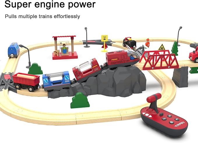 Battery Operated Train for Wooden Track, Remote Control Vehicle for Toddlers, Motorized Train Toy Set Compatible with Thomas, Brio