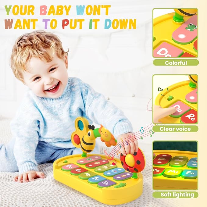 Musical Piano Keyboard Toy with Light-Up Keys for Toddlers 1-3 | Interactive Early Learning Educational Baby Toy, Sensory STEM Portable Travel Gift for Boys Girls Yellow