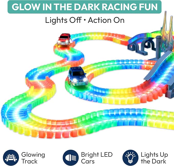 Speed Tracks Flexible Race Track Set - 360 Piece Bendable Glow in The Dark Race Track for Kids with 2 LED Toy Race Cars & Bridge - 14+ Ft Bendable car Race Track Toy for Kids Ages 3+