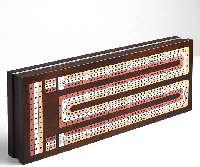 BIVOMON Wooden Cribbage Board Game Set with Large Storage Area, 3 Track Cribbage Board, 9 Metal Pegs｜2 Playing Cards｜Magnetic Lock, Family Travel Portable Tabletop Game for Adults & Kids (Instruction)