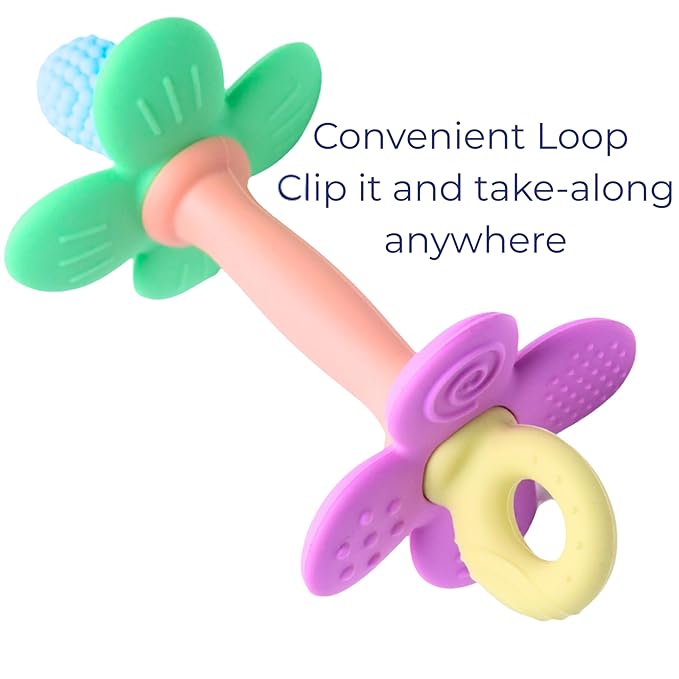 Silicone Teether Tube Stick for Babies – Textured Teething Toy with Grip Handle, Reaches Front Gums & Back Molars, BPA-Free, Easy to Hold - Pastel (Blue, Peach, Purple)