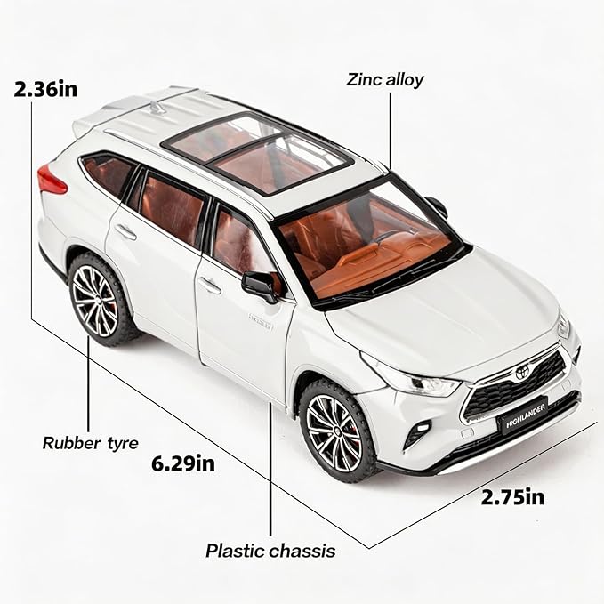 BDTCTK 1/24 Highlander Model Car, Zinc Alloy Pull Back Toy car with Sound and Light for Kids Boy Girl Gift(White)