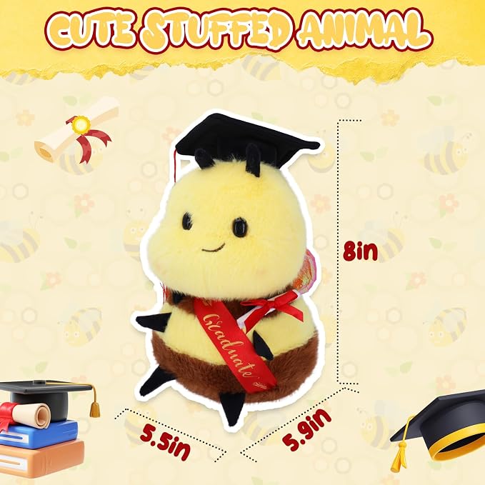 Chubby Smiling Bee Plush Toy with Doctoral Cap - Adorable Graduation - Inspired Stuffed Animal, Perfect Graduation Gift for Students (8 Inch)