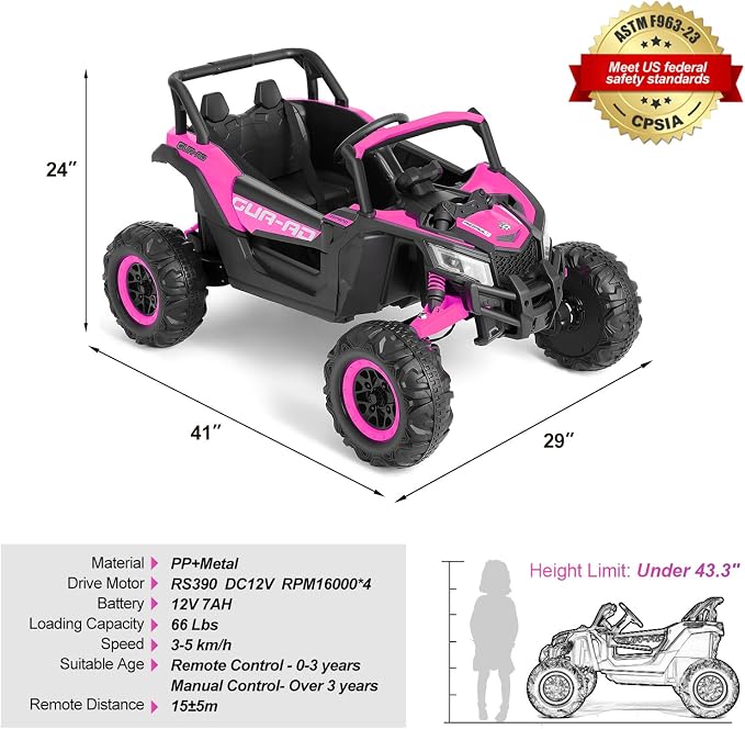 JOYLDIAS 4WD Ride On Car, 12V Battery Powered Electric Off-Road UTV for Kids, 4X4 Electric Vehicle W/4 Powerful Engines, 2.4G Remote Control, Music, Bluetooth, LED Lights for Boys and Girls, Pink