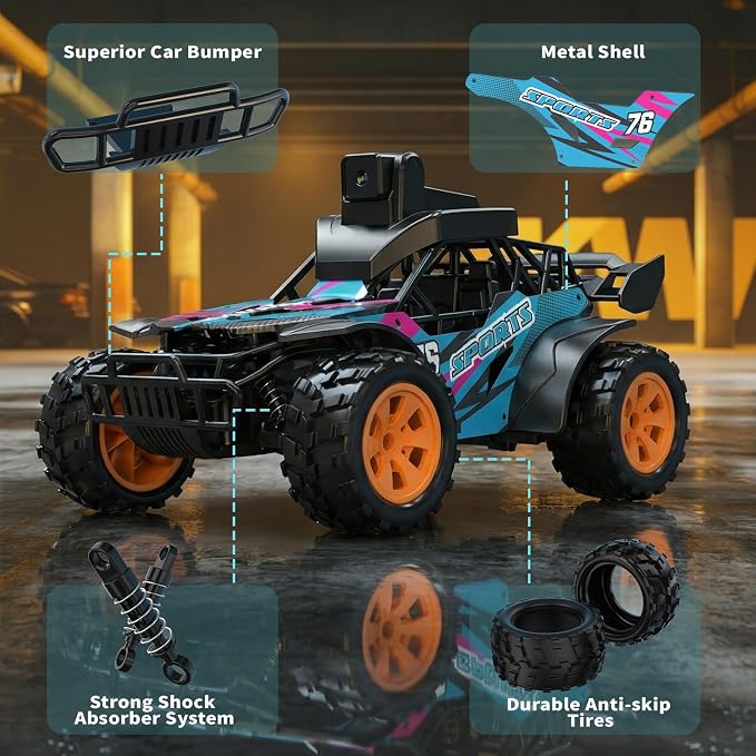 RC Car with Camera, 2.4GHz Remote Control Truck with 2.8”LCD Screen & 60° Adjustable Camera, Live Video, APP/Radio Dual Control, 2 Speeds, Rechargeable Off-Road RC Cars, Gift for Adults and Kids