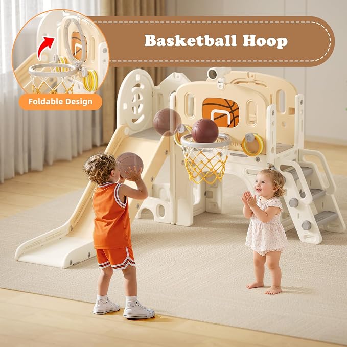 XJD 8 in 1 Toddler Slide Set, Kids Slide for Toddlers Age 1+, Climber Slide PlaySet with Basketball Hoop and Ball,Outdoor Indoor Playground for Toddlers 1-3 (Beige, Small)