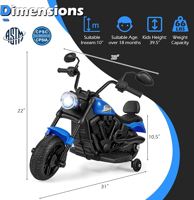 Costzon Kids Motorcycle, 6V Chopper Motorbike Ride on Toy with Headlight, Music, Training Wheels, Electric Toddler Motorcycle for Kids Boys Girls, Gift (Blue, 31" x 23" x 22"(L x W x H))