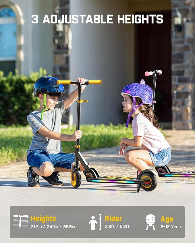 FanttikRide C9 Apex Kids Electric Scooter, Bluetooth Music Speaker, Colorful Light for Kids 8-12, 3.9-5.2 ft, 132 lbs, 5 Miles Range, Up to 40 min Ride Time, 5/8/10 MPH, 3 Adjustable Heights