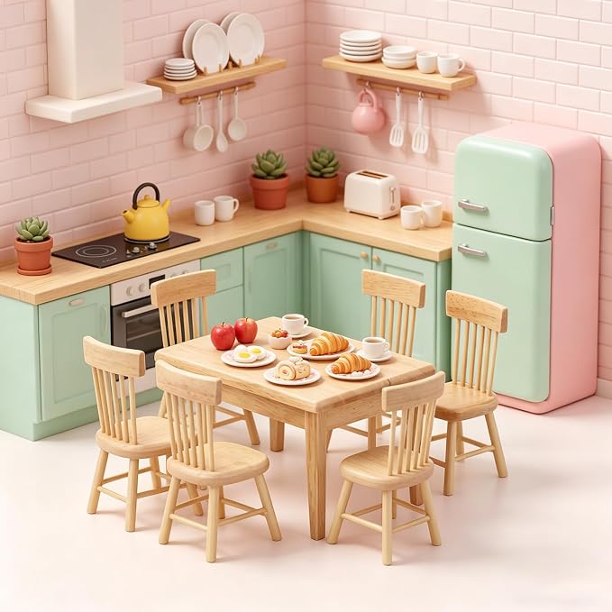Z MAYABBO Wooden Dollhouse Furniture of Table & Chair, Miniature Dollhouse Accessories of Dining Room Accessory - 1/12 Scale