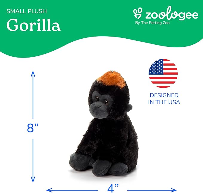 The Petting Zoo Gorilla Stuffed Animal Plushie, Gifts for Kids, Scoopz Wildlife Animals, Black Gorilla Plush Toy, 8 inches