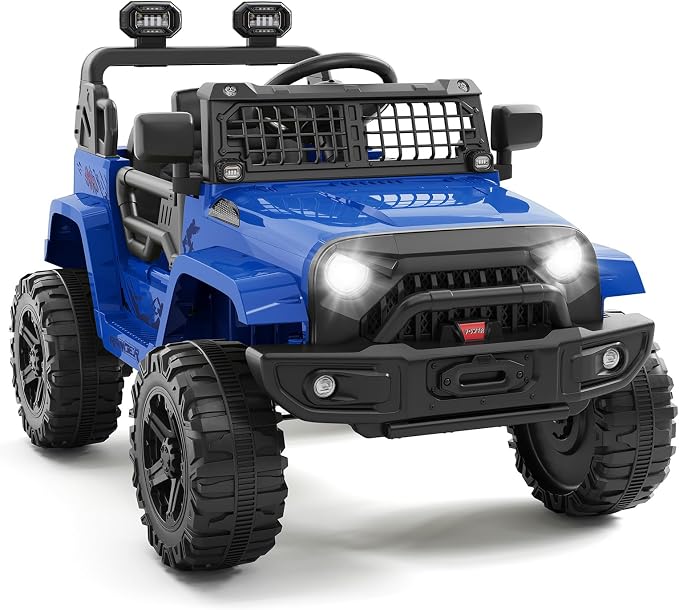 Hetoy 12V Ride on Toys with Parent Remote Control Toddler Electric Vehicle with Spring Suspension, LED Lights, Bluetooth, Music Player, 3 Speeds Ride on Car Truck for Kids Age 3-8 (Blue)