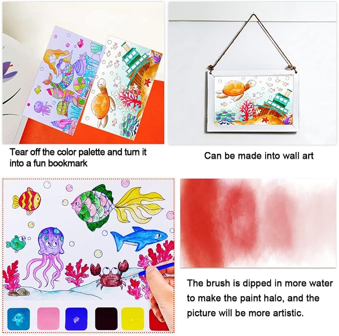JUNQIU Watercolor Coloring Books for Kids Ages 4-8, Pocket Watercolor Painting Book for Toddlers, Arts and Crafts for Girls Gifts, Stocking Stuffers For Kids