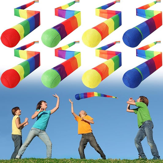Leyndo 8 Pcs 26 Inch Throw and Catch Balls with Rainbow Tail, Fun Colorful Sports Comet Balls Playground Toys for School Classroom Beach Outdoor Camping Healthy and Fun Games (Bright Color)