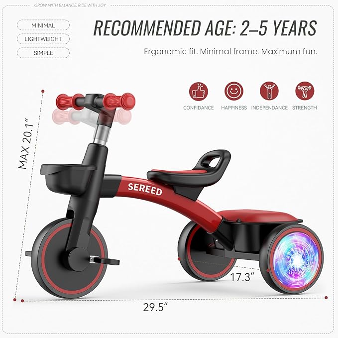 SEREED Colorful Lighting Toddler Tricycle for 2-5 Years Old Boys Girls, Adjustable Seat&Handlebar Trike, Removable Basket, Birthday Gift Idea for Kids Ages 2+ (Red Black)