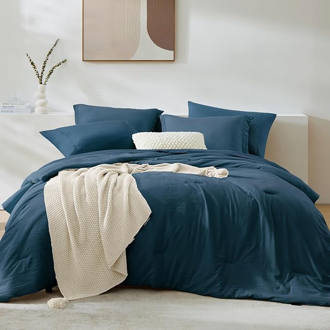 WRENSONGE Full Size Comforter Sets-7 Pieces Serenity Blue Bed in a Bag with Fitted Sheet, Flat Sheet, 2 Pillow Shams, 2 Pillowcases, Warm Bedding Sets for All Season